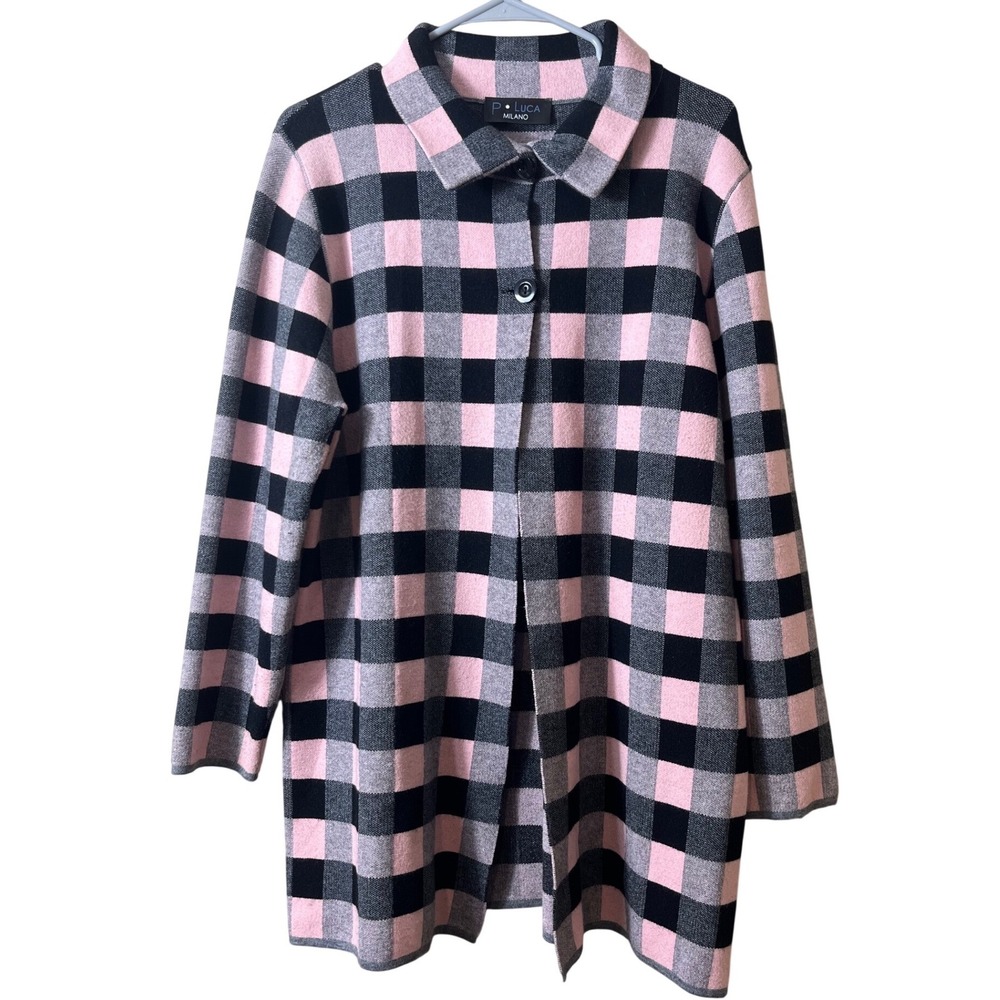 P. Luca Milano Pink Black Plaid Knit Cardigan XL Preppy Coquette Aesthetic